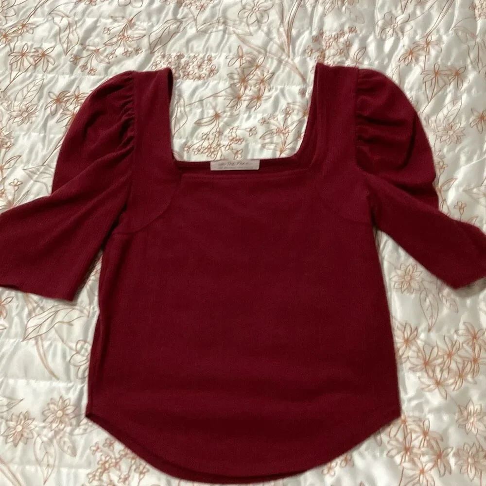 Free People We The Free Burgundy Ribbed Square Neck‎ Puff Sleeve Top Size Large